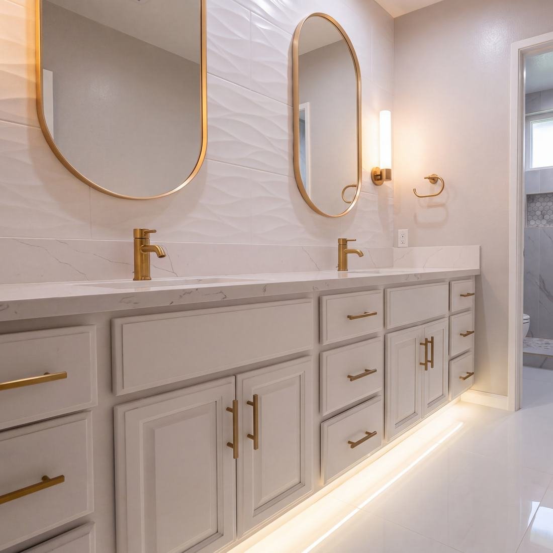 Bathroom vanity with quartz counter, gold faucets, oval mirrors, and underlit cabinetry by Home Tile Designs