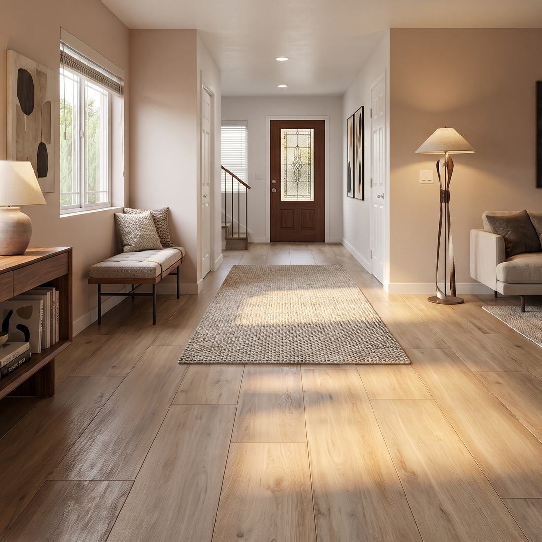 Entryway and living area with plank-style flooring installed by Home Tile Designs