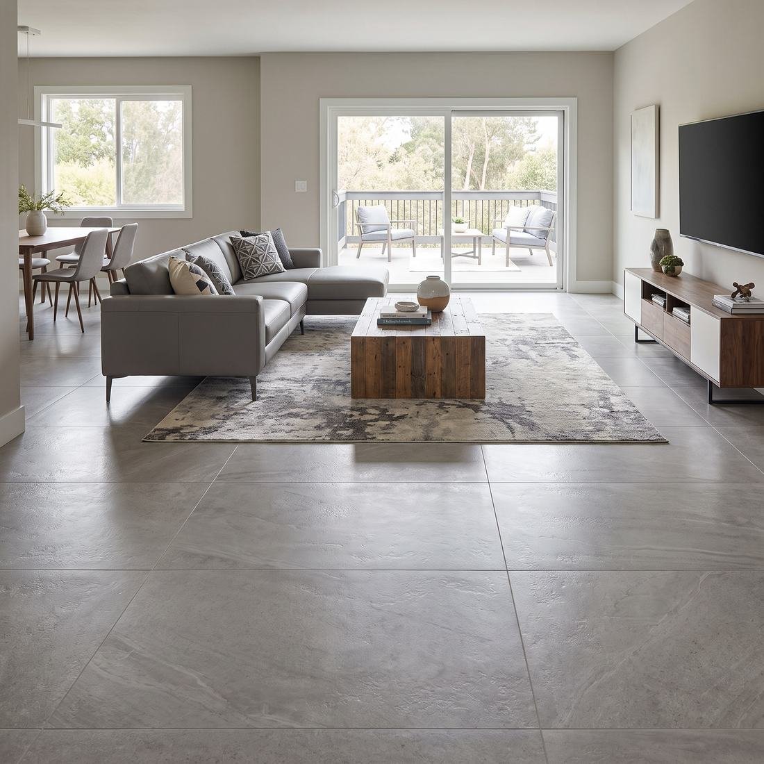 Living room with large-format stone tile flooring installed by Home Tile Designs