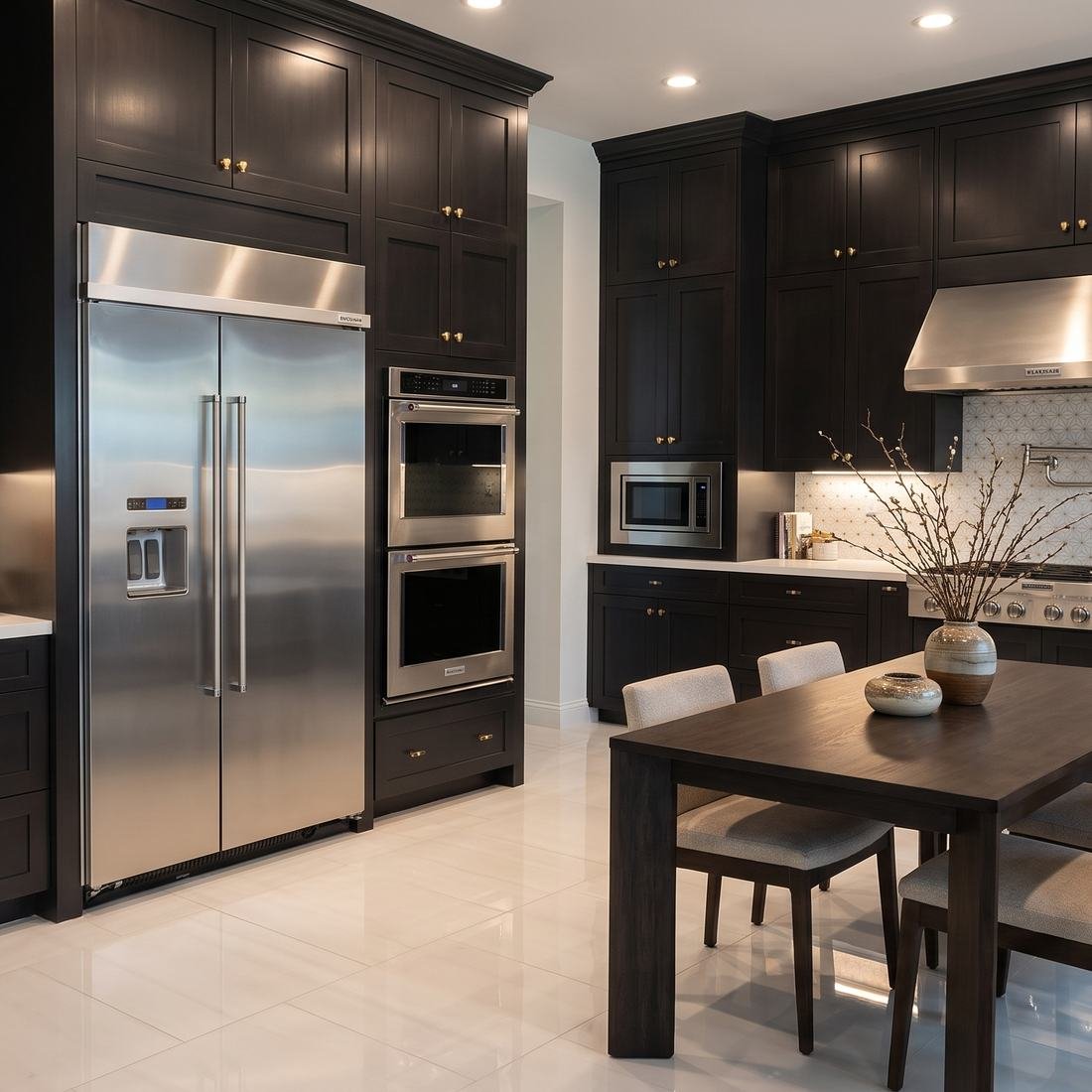 Kitchen with dark shaker cabinetry, brass hardware, and stainless appliances by Home Tile Designs
