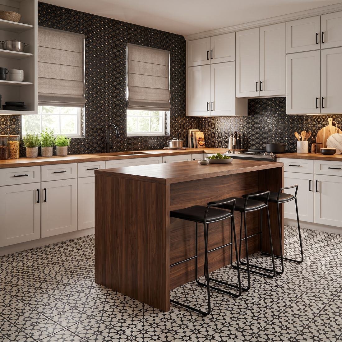 Kitchen with star-pattern tile backsplash, walnut island, and white shaker cabinets by Home Tile Designs